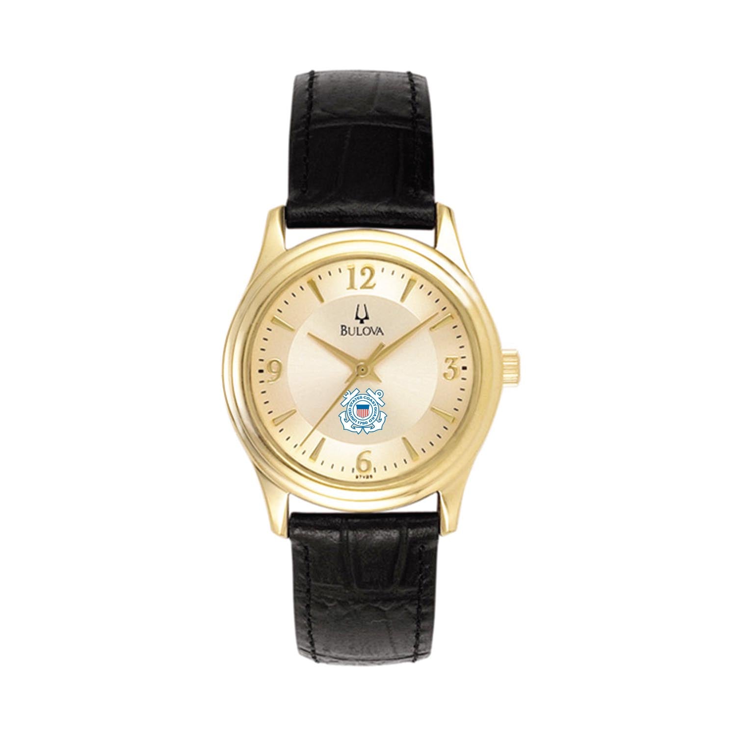 Coast Guard Seal Ladies Bulova Black Leather Strap Gold Plated Watch (Black)*