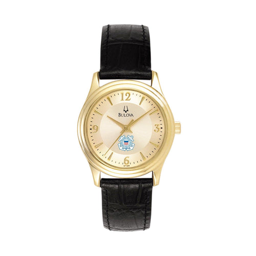 Coast Guard Seal Ladies Bulova Black Leather Strap Gold Plated Watch (Black)*