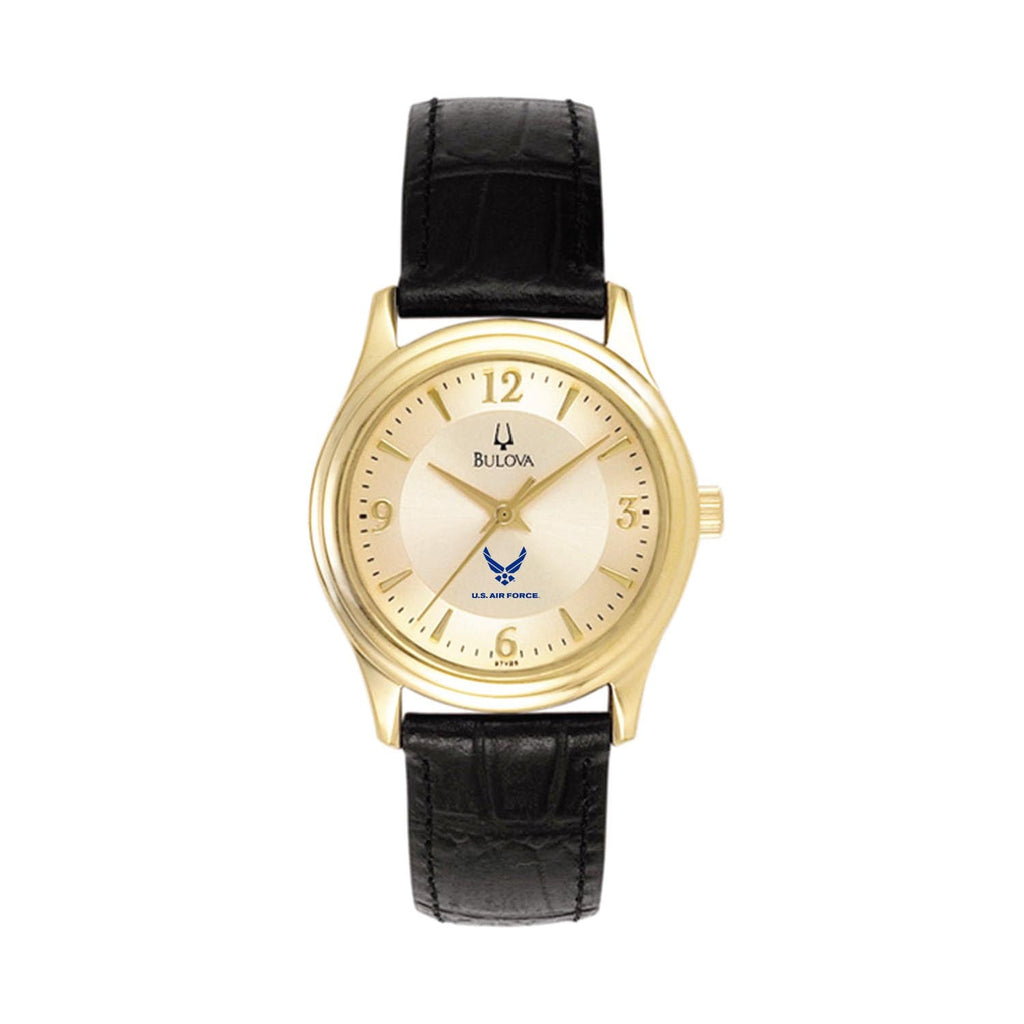 Air Force Wings Ladies Bulova Black Leather Strap Gold Plated Watch (Black)*