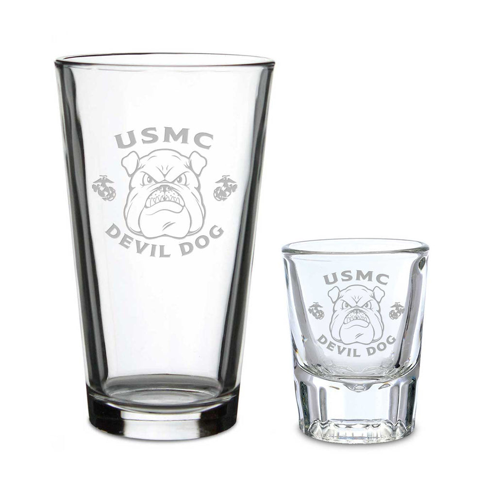 Marines Bulldog Set of 16oz Pint Glass w/ 2oz Classic Shot Glass*