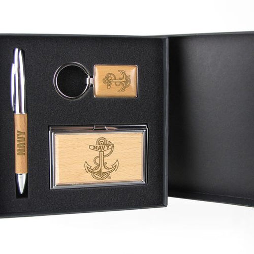 Navy Anchor Silver/Wood Gift Set with Pen, Keychain & Business Card Case*