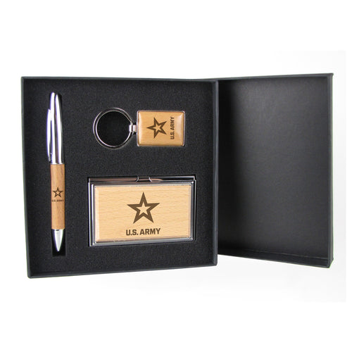 Army Star Silver/Wood Gift Set with Pen, Keychain & Business Card Case*