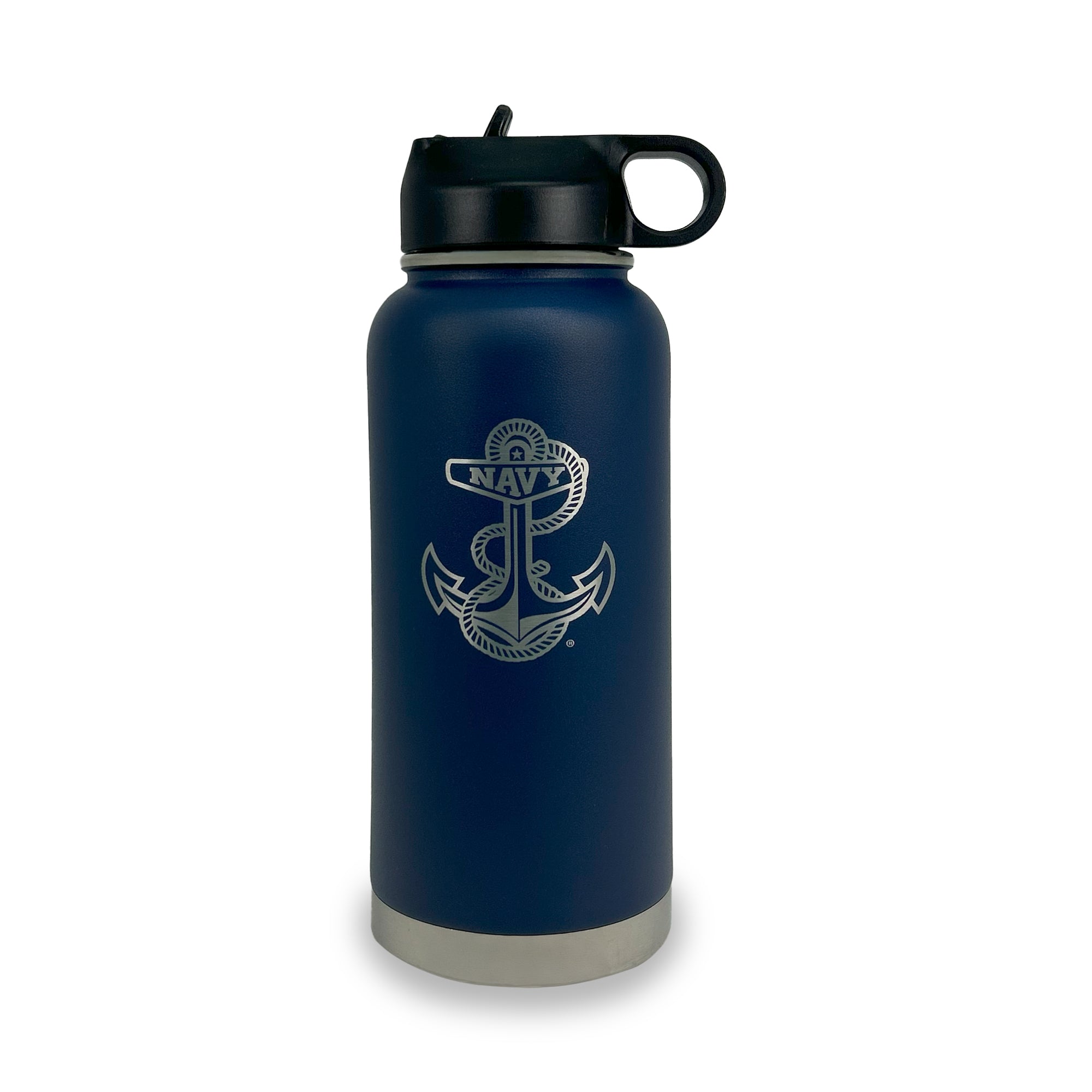 Navy Anchor Stainless Steel Laser Etched 32oz Water Bottle (Navy)