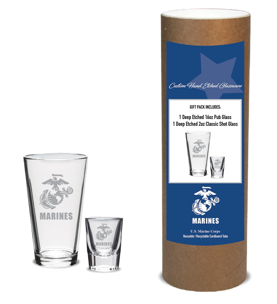 Marines EGA 16oz Deep Etched Pub Glass and 2oz Classic Shot Glass (Clear)*