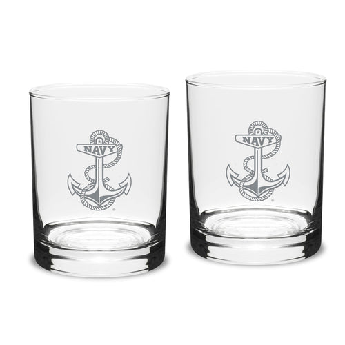 Navy Anchor 14oz Deep Etched Double Old Fashion Glasses (Clear)*