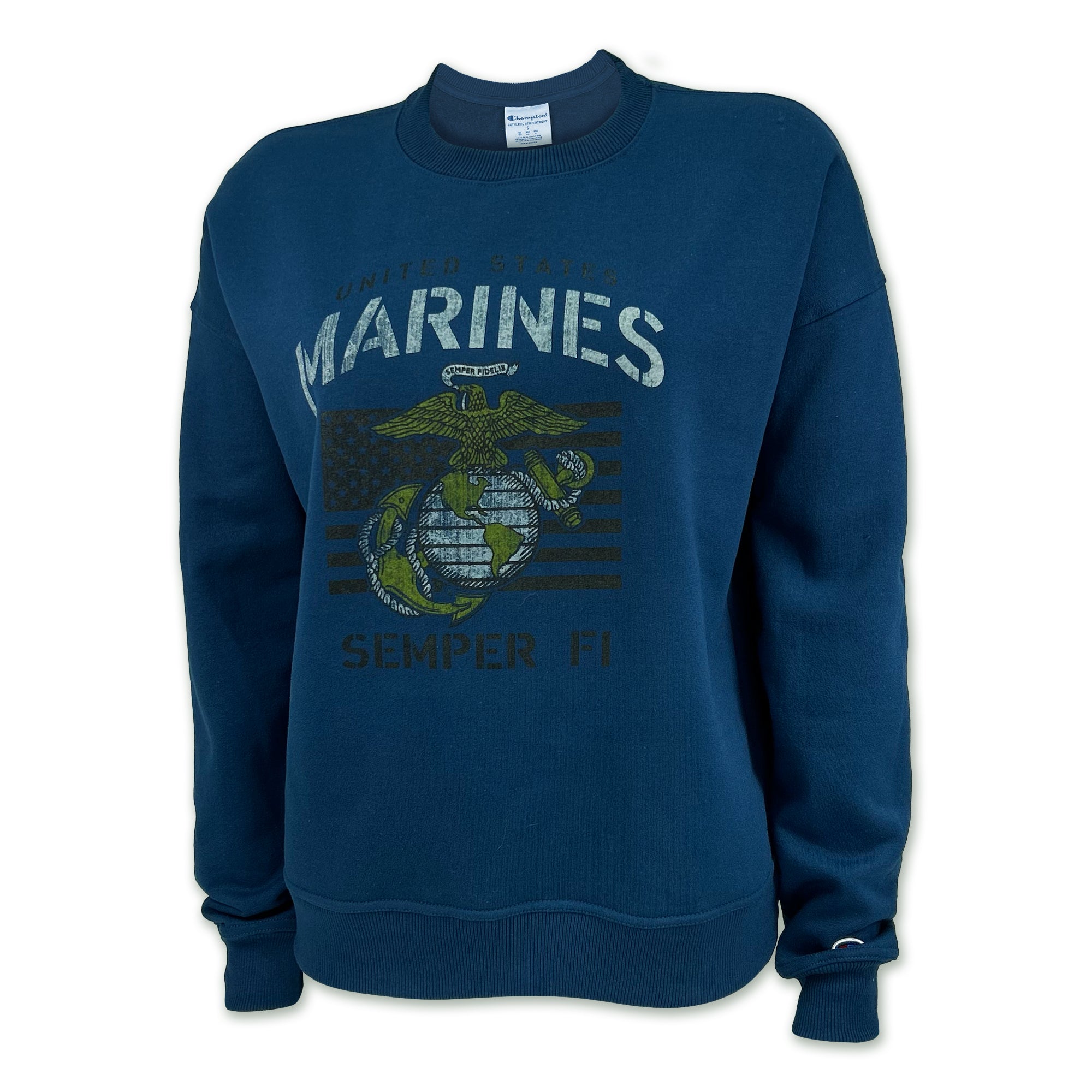 Marines Ladies Vintage Stencil Champion Crewneck (Blue)