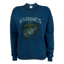 Load image into Gallery viewer, Marines Ladies Vintage Stencil Champion Crewneck (Blue)