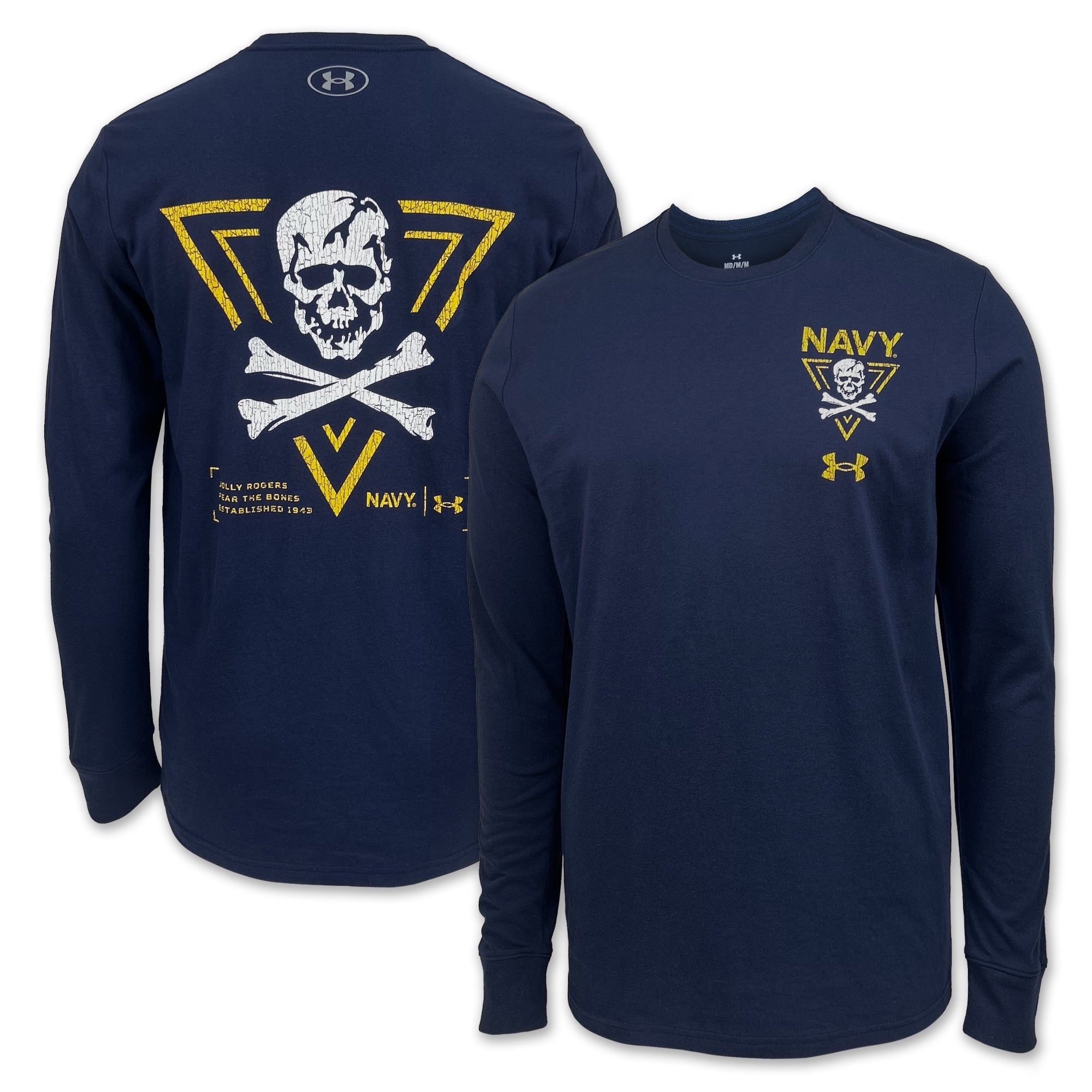 Navy Under Armour 2024 Rivalry 2-Sided Jolly Rogers Fear the Bones Triangle Long Sleeve T-Shirt (Navy)