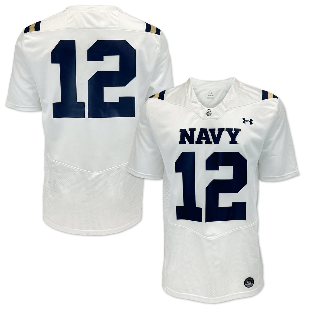 Navy Under Armour Sideline Replica #12 Football Jersey (White)