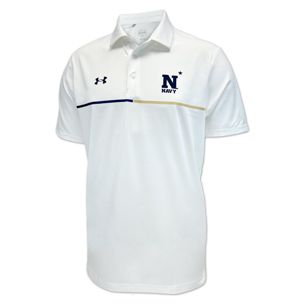 Navy Under Armour Sideline Playoff Chest Stripe Polo (White)