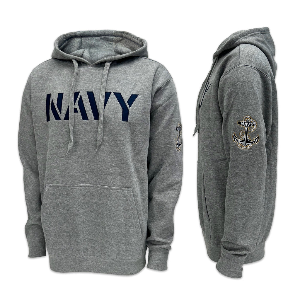 Navy Anchor Tackle Twill Embroidered Fleece Hood (Grey)