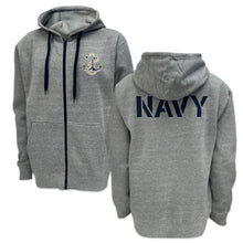 Load image into Gallery viewer, Navy Anchor Tackle Twill Embroidered Fleece Full Zip Hood (Grey)