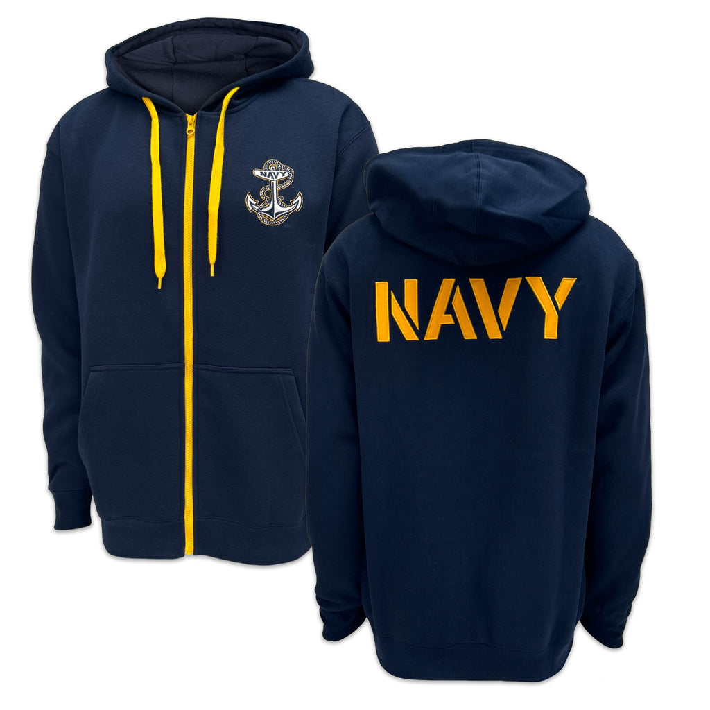 Navy Anchor Tackle Twill Embroidered Fleece Full Zip Hood (Navy)