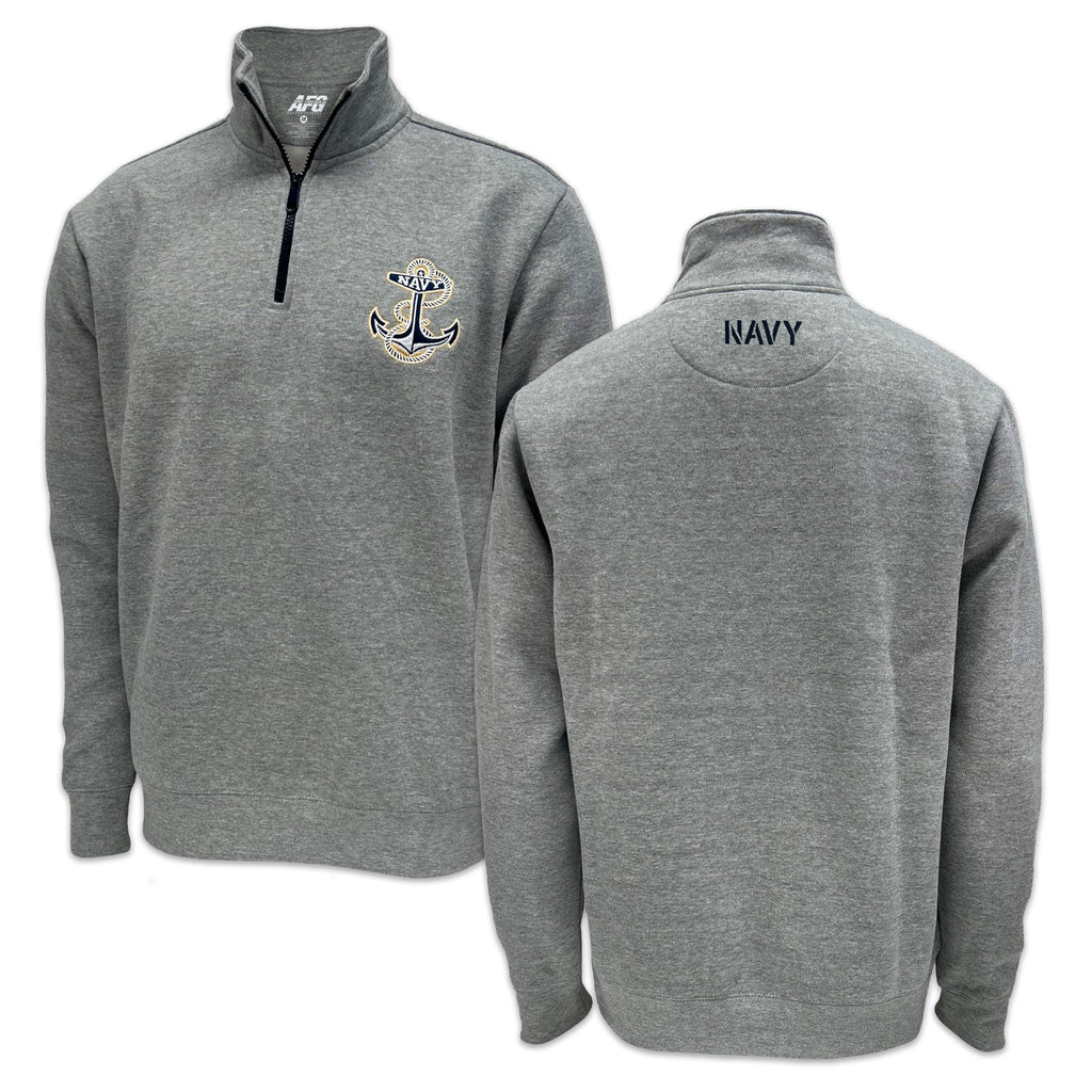 Navy Anchor Tackle Twill Embroidered Fleece Quarter Zip (Grey)