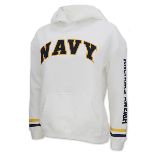 Navy Ladies Tackle Twill Fleece Stripe Hood (White)