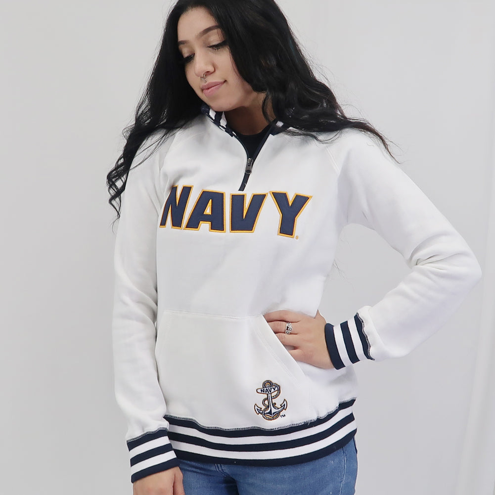 Navy Ladies Tackle Twill Fleece Stripe 1/4 Zip (White)