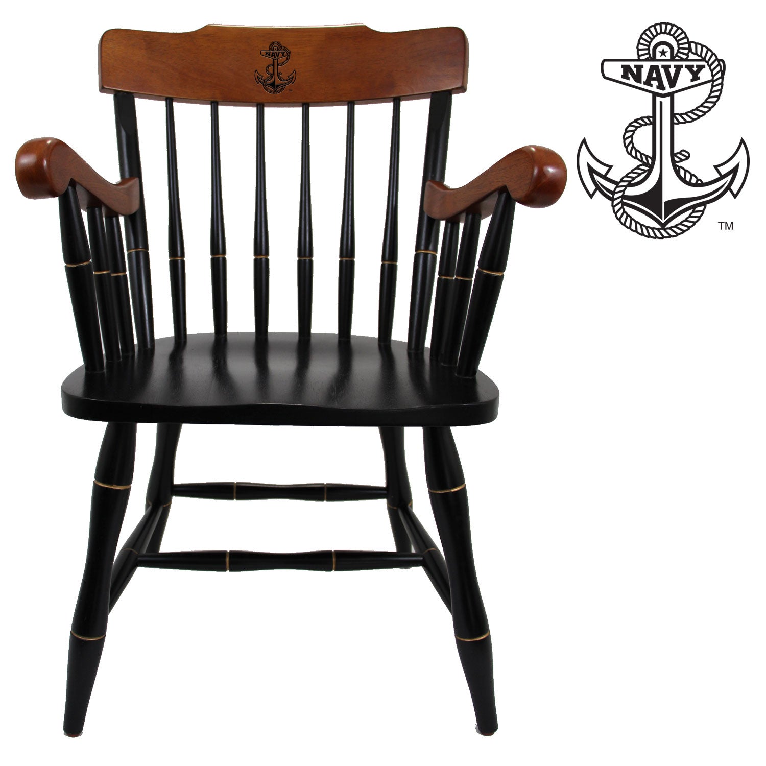 Navy Anchor Wooden Captain Chair (Black - Cherry Arms & Crown)*