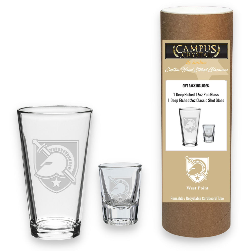 Army West Point 16oz Deep Etched Pub Glass and 2oz Classic Shot Glass (Clear)*