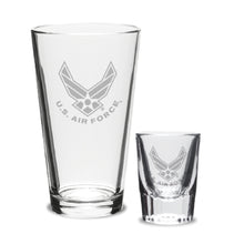 Load image into Gallery viewer, Air Force Wings 16oz Deep Etched Pub Glass and 2oz Classic Shot Glass (Clear)*