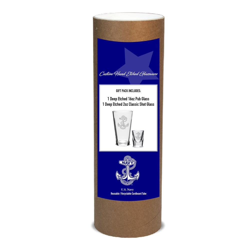 Navy Anchor 16oz Deep Etched Pub Glass and 2oz Classic Shot Glass (Clear)*