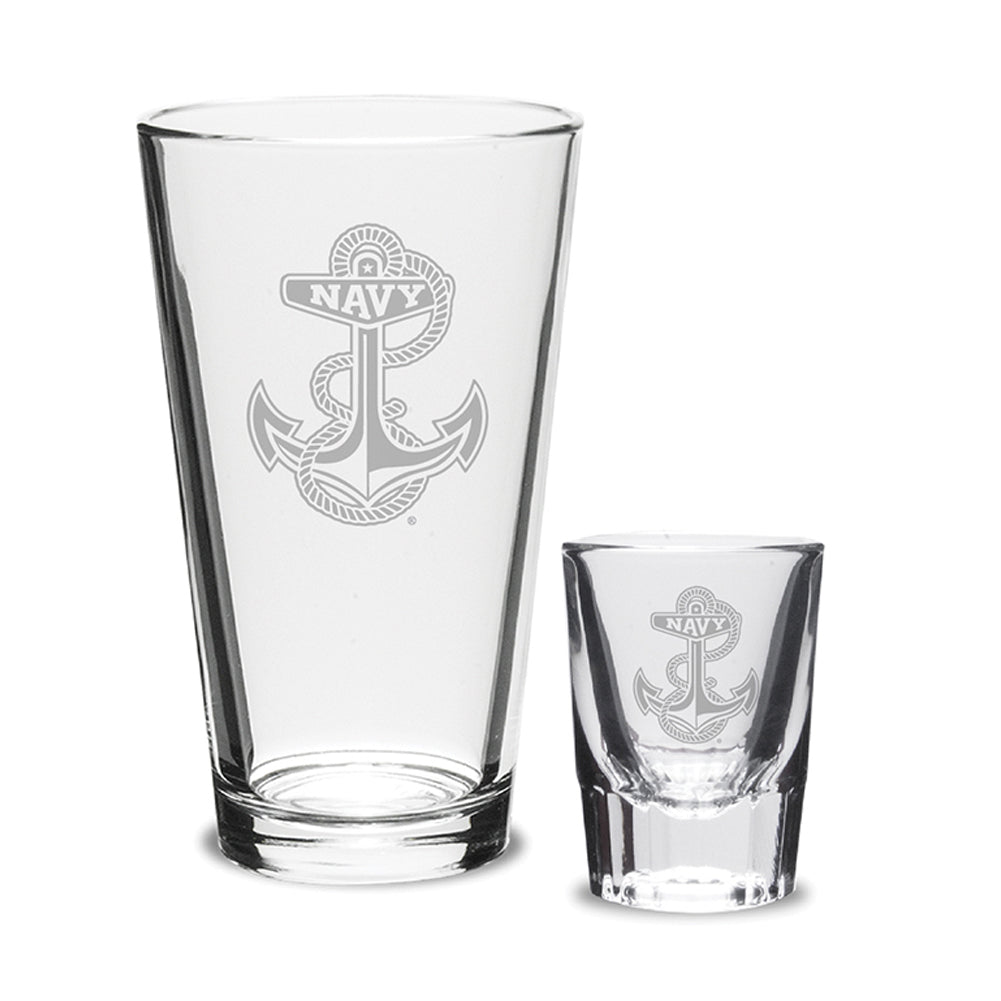 Navy Anchor 16oz Deep Etched Pub Glass and 2oz Classic Shot Glass (Clear)*