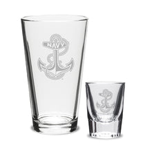 Load image into Gallery viewer, Navy Anchor 16oz Deep Etched Pub Glass and 2oz Classic Shot Glass (Clear)*