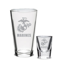 Load image into Gallery viewer, Marines EGA 16oz Deep Etched Pub Glass and 2oz Classic Shot Glass (Clear)*