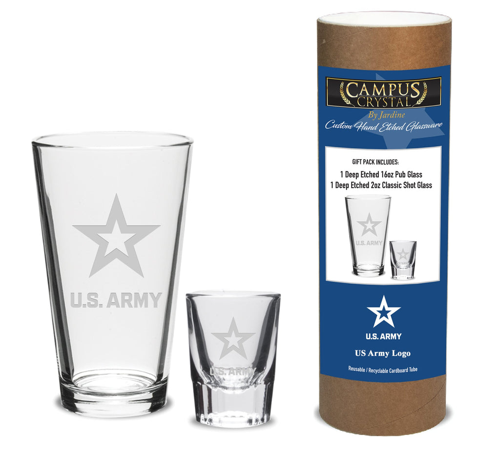 Army Star 16oz Deep Etched Pub Glass and 2oz Classic Shot Glass (Clear)*